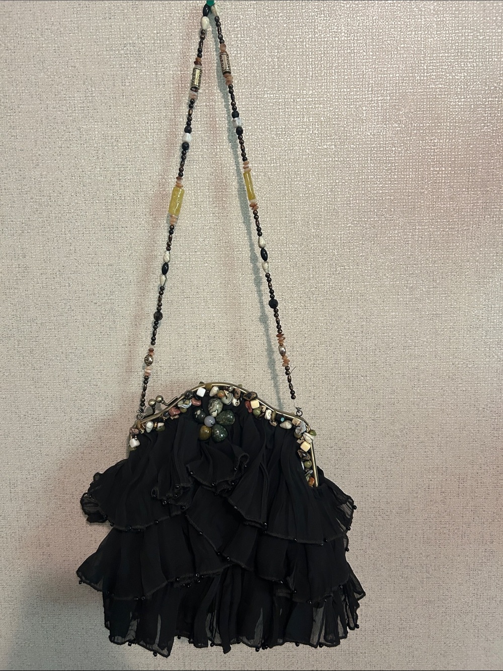 Mary Frances Black Ruffle Beaded Evening Clutch